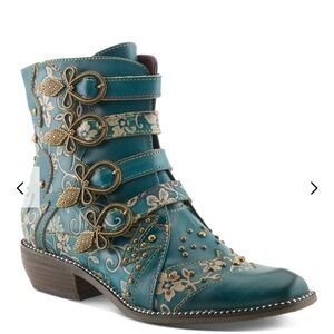 Teal Embroidered Ankle Boot with Decorative Buckles
